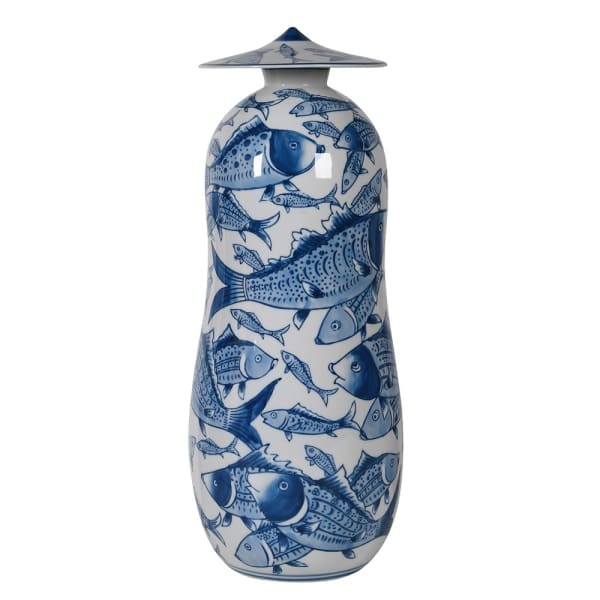 Ceramiczny pojemnik Fish 44 cm biało niebieski z pokrywą okrągły słój motyw ryby