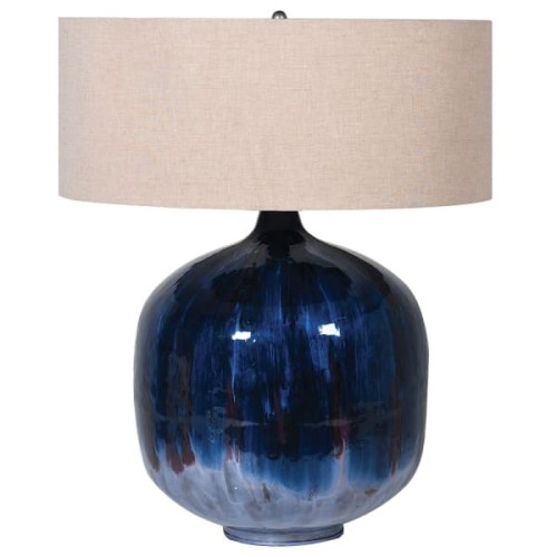 Emaliowana lampa stołowa Eccleston Blue 67x55 cm niebieska podstawa beżowy klosz bawełna