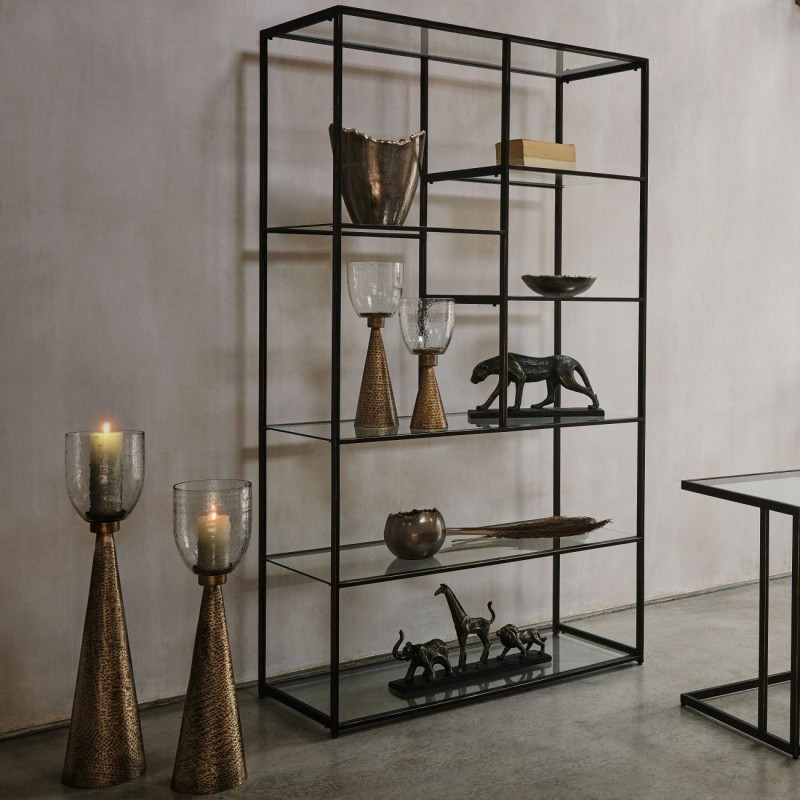 Lampion świecznik Belgrave 45 cm szklany klosz żelazna ręcznie młotkowana podstawa złota