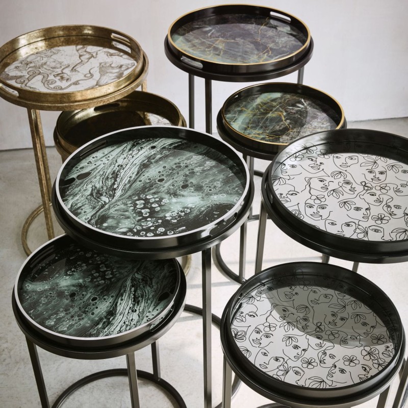 Stoliki boczne Mono 69 cm czarna rama zdobiony blat taca