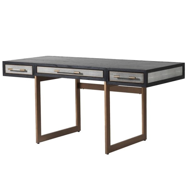 Biurko Enderby 160x77,5 cm szary szagryn dąb metalowe detale żelazna ramą trzy szuflady