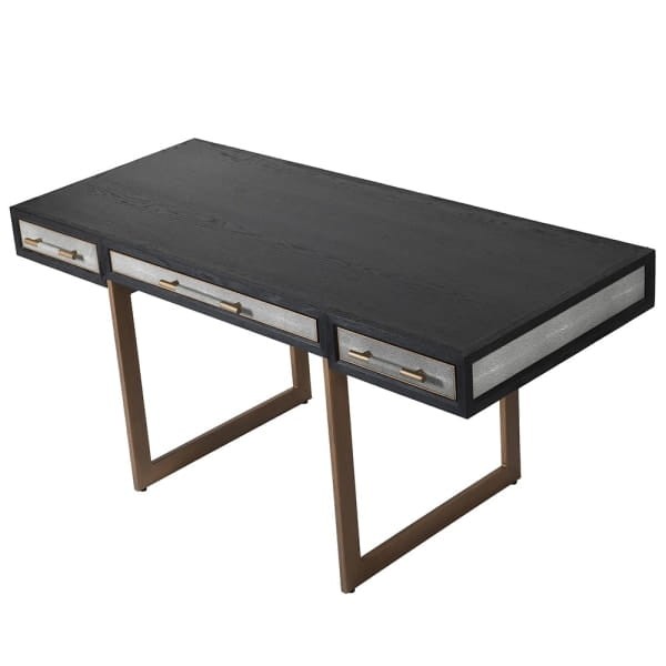 Biurko Enderby 160x77,5 cm szary szagryn dąb metalowe detale żelazna ramą trzy szuflady