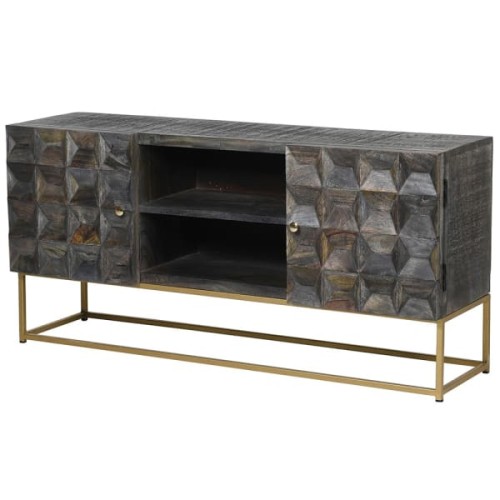 Komoda szafka TV Eccleston 125 cm szerokości drewno mango żelazna podstawa złota