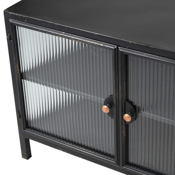 Komoda szafka Linton Black 160 cm szerokość czarne żelazo przecierane szklane drzwiczki