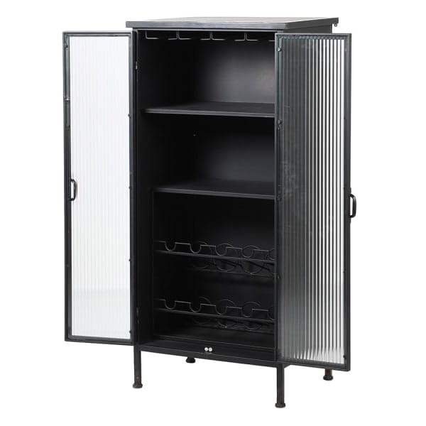 Barek wysoka komoda Linton Black 120 cm wysokości czarne żelazo przecierane szklane drzwiczki
