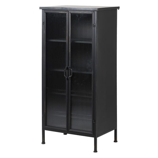 Barek wysoka komoda Linton Black 120 cm wysokości czarne żelazo przecierane szklane drzwiczki