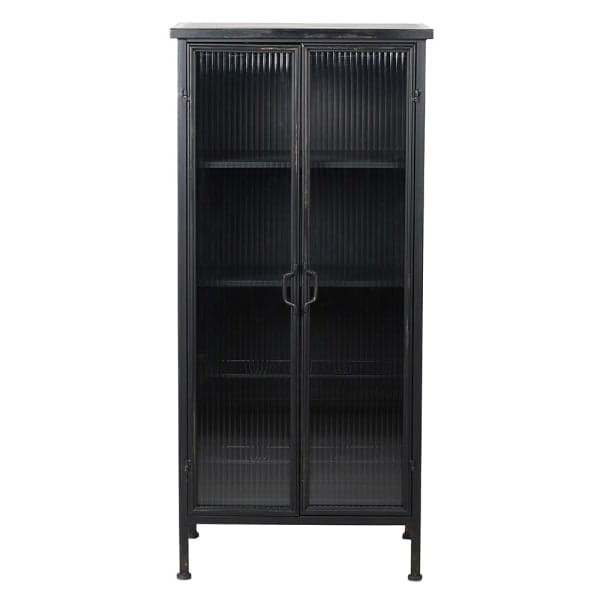 Barek wysoka komoda Linton Black 120 cm wysokości czarne żelazo przecierane szklane drzwiczki