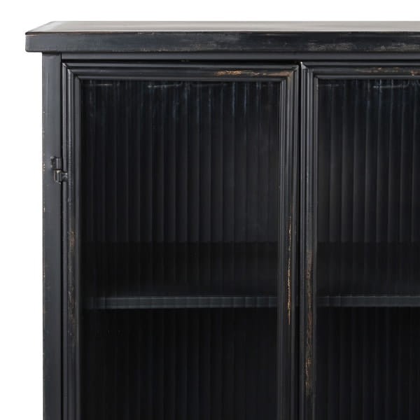 Barek wysoka komoda Linton Black 120 cm wysokości czarne żelazo przecierane szklane drzwiczki