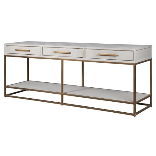 Stolik konsolowy Primrose 200x78 cm jasny dąb elegancki mebel do jadalni lub salonu podstawa w kolorze miedzi 