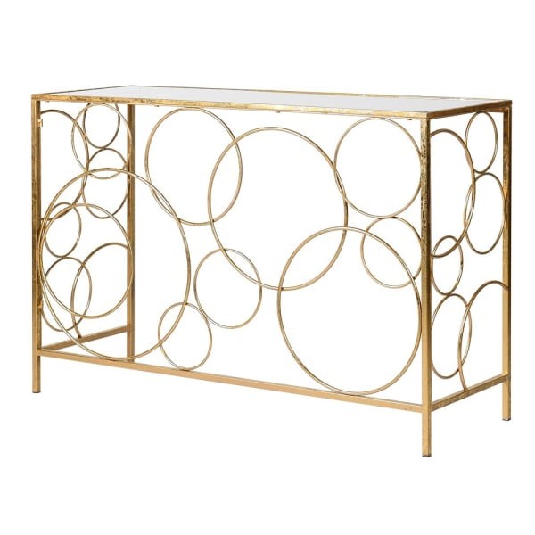 Konsola Linton Gold Loops 120x80 cm złota żelazna rama dekoracyjne koła szklany blat