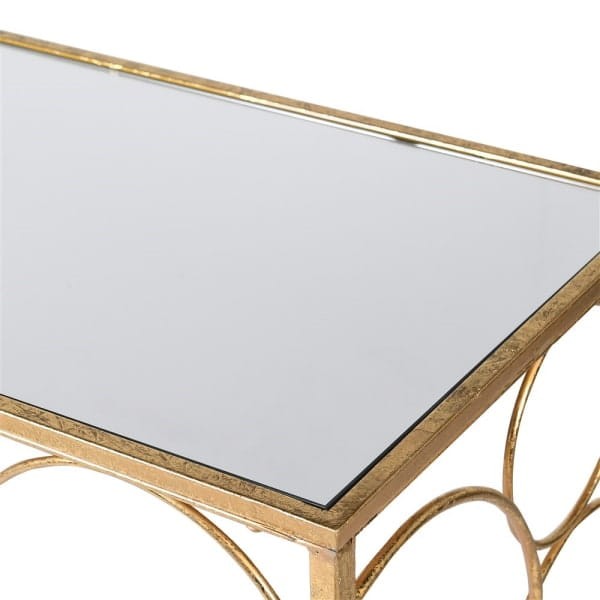 Złota konsola do salonu Linton Gold Loops 120x80 cm złota żelazna rama dekoracyjne koła szklany blat