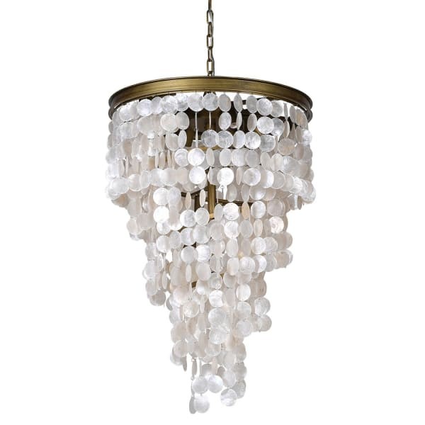 Biały żyrandol White Shells 61 cm średnicy naturalne muszle żelazna złota rama