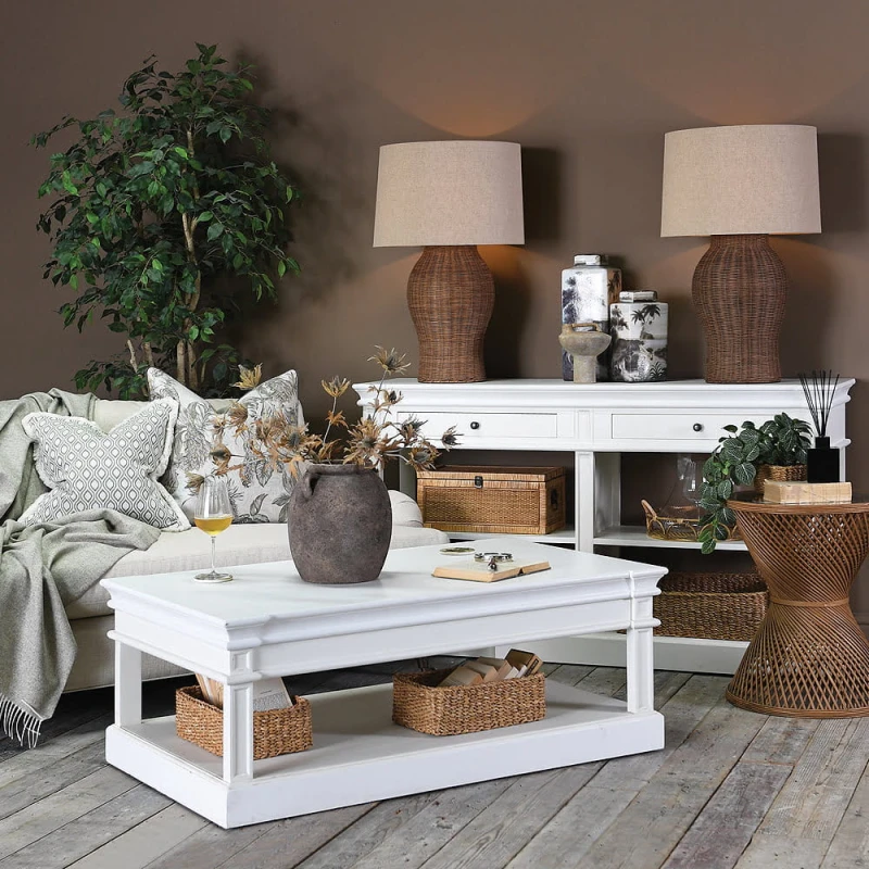 Lampa stołowa Wilton Oversized 84 cm podstawa rattan jasny lniany abażur