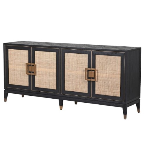 Duża Komoda Zelten Black 193x86 cm czterodrzwiowa dąb rattan czarna