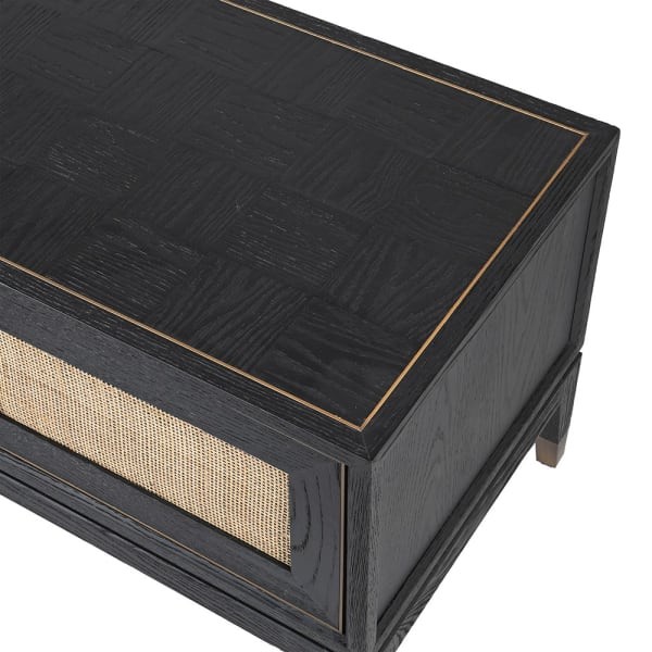 Komoda TV Zelten Black 193x50,5 cm czterodrzwiowa dąb rattan czarna