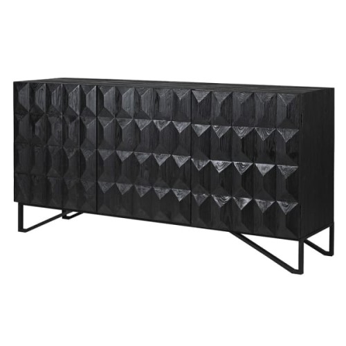 Komoda Mid Century 180 cm szerokości czarna sosna z recyklingu trzydrzwiowa 