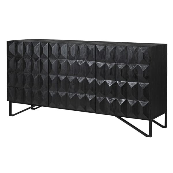 Komoda Mid Century 180 cm szerokości czarna sosna z recyklingu trzydrzwiowa