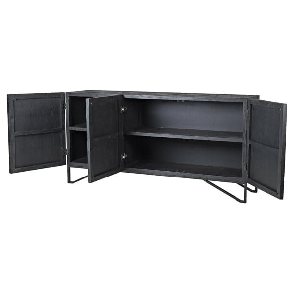 Komoda Mid Century 180 cm szerokości czarna sosna z recyklingu trzydrzwiowa