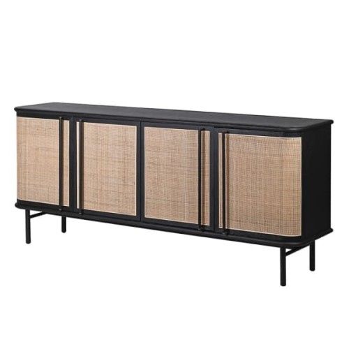 Komoda Leicester 200 cm czarna z frontami z naturalnej trzciny
