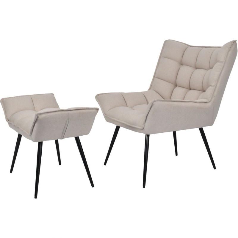 Fotel Marylebone kremowy z podnóżkiem pikowany ze zdobionym oparciem