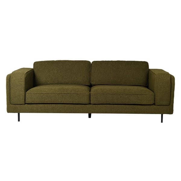 Zielona sofa boucle 225 cm szerokości trzyosobowa bukla czarne nóżki