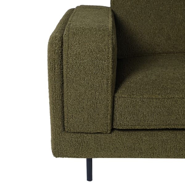 Zielona sofa boucle 3-osobowa 225 cm z tkaniną teddy i czarnymi nogami