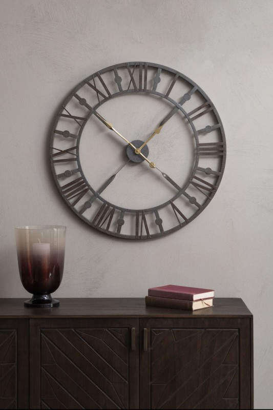Okrągły zegar szkieletowy Bourne Grey żelazny 73 cm szarości