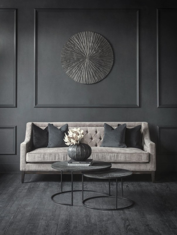 Sofa Cheval Grey trzyosobowa 200 cm szare obicie ozdobne guziki dekoracyjne przeszycia