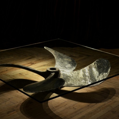 Stolik kawowy Junk Art Propeller Square 110 cm szklany kwadratowy blat podstawa śruba kutra rybackiego unikat 