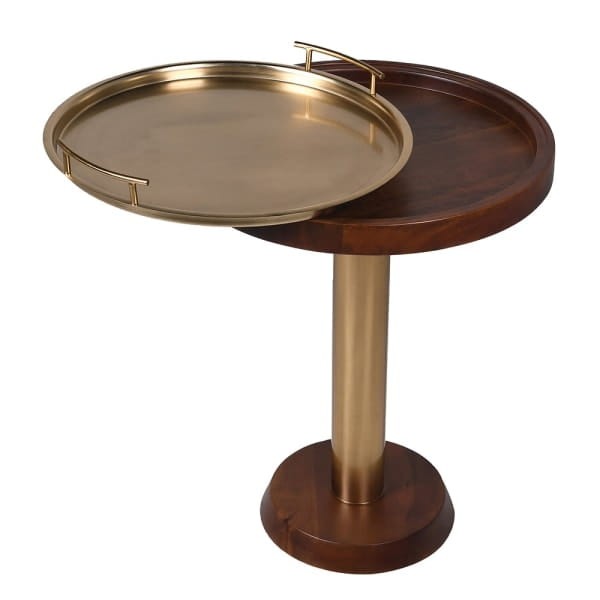 Stolik boczny Rochester 65 cm drewno mango złota taca żelazo