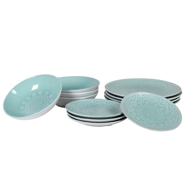 Komplet Mandala Blue 12 elementów talerze i miski z kamionki