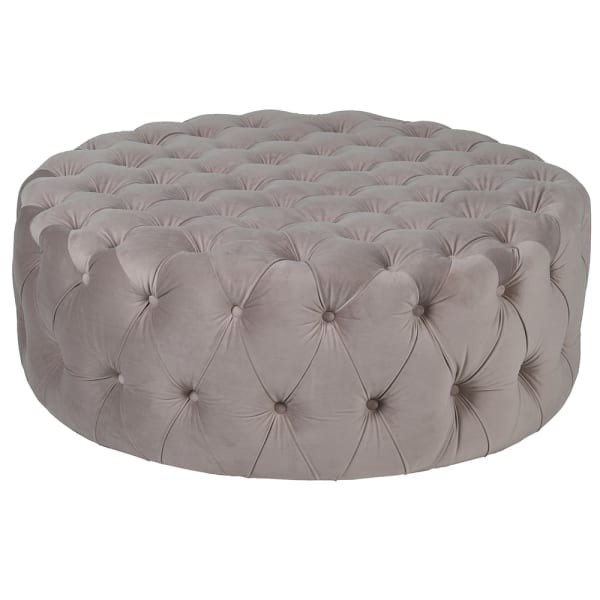 Duża pufa Luxury 100 cm średnicy obicie szare velvet dekoracyjne guziki na całej powierzchni