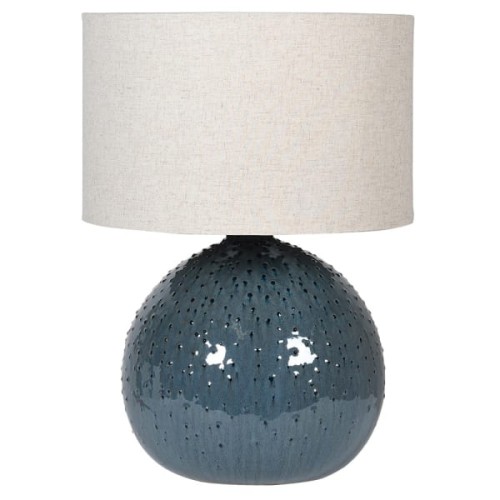 Lampa stołowa Blue Bubble 62 cm – granatowa ceramiczna podstawa i kremowy lniany abażur