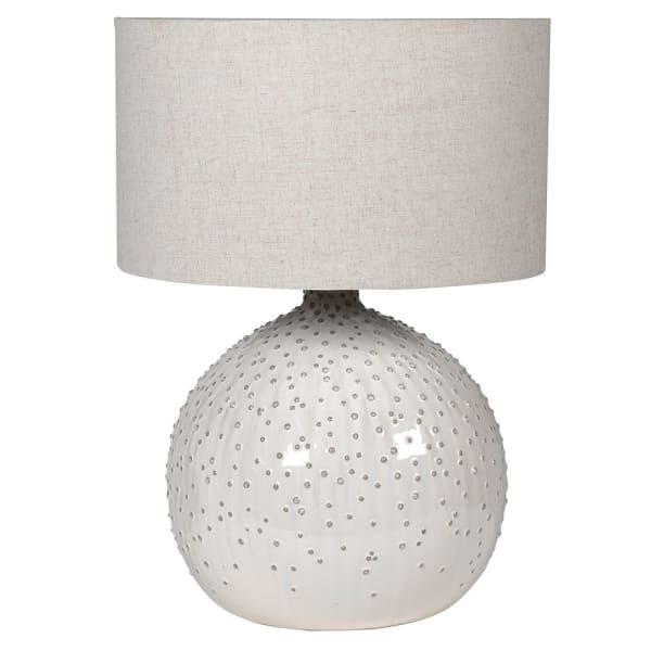 Lampa stołowa White Bubble 62 cm ceramiczna kulista podstawa kremowy lniany abażur