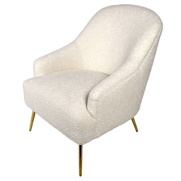 Biały fotel boucle Teddy White ze złotymi nogami
