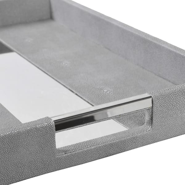 Komplet tace Pimlico Silver szaro-srebrne dwie tace prostokątne sztuczna skóra stal nierdzewna