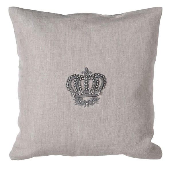 Poduszka dekoracyjna Crown Silver 45x45 lniana z motywem korony