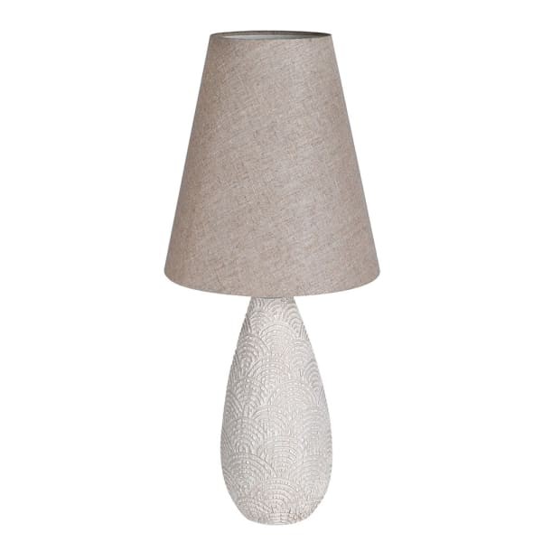 Duża Lampa stołowa Cream Classic 75 cm zdobiona podstawa poliresin beżowy abażur z lnu