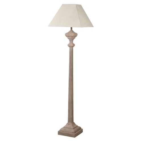 Lampa podłogowa Chester Wood 165 cm – rzeźbiona podstawa z jesionu i kremowy lniany abażur