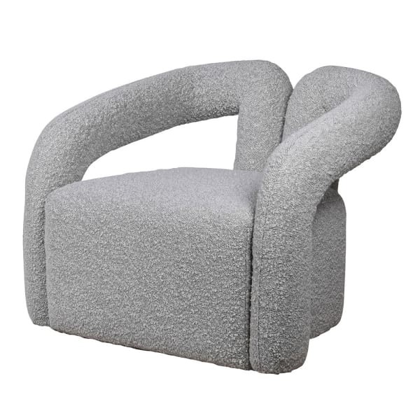 Fotel Camden Grey szara tkanina boucle dekoracyjny fotel z oryginalnym oparciem