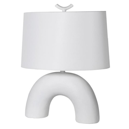 Duża lampa stołowa Arch White 56 cm biała lniany abażur ceramiczna podstawa 