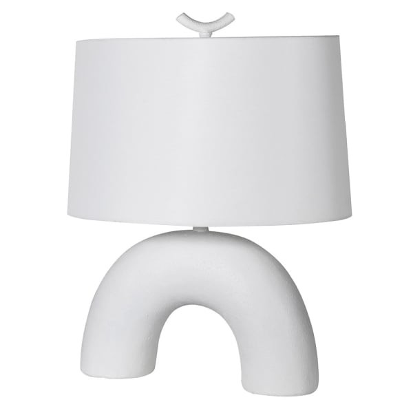 Duża lampa stołowa Arch White 56 cm biała lniany abażur ceramiczna podstawa