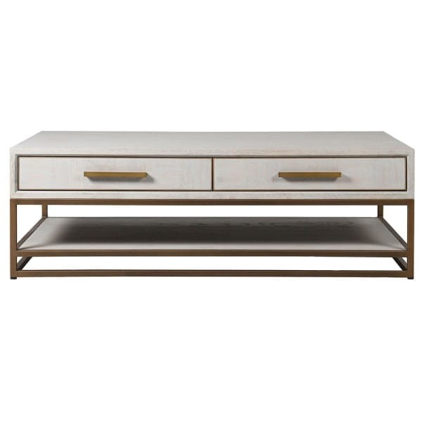 Stolik kawowy Primrose 130 cm jasny dąb elegancki mebel do salonu miedziane detale