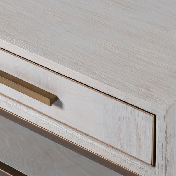 Stolik kawowy Primrose 130 cm jasny dąb elegancki mebel do salonu miedziane detale