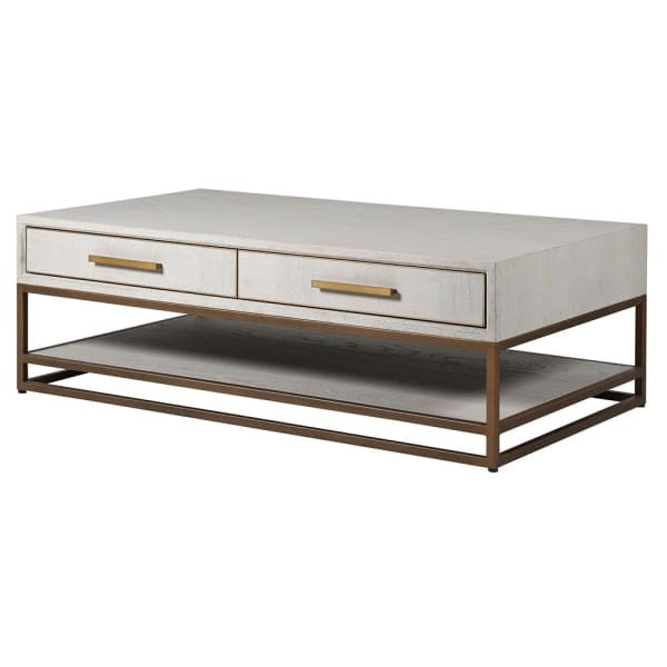 Stolik kawowy Primrose 130 cm jasny dąb elegancki mebel do salonu miedziane detale