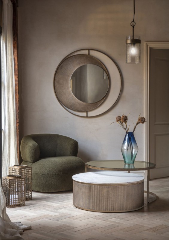 Lustro okrągłe Circle Primrose Aged 100 cm żelazna rama styl retro nowoczesny design stare złoto