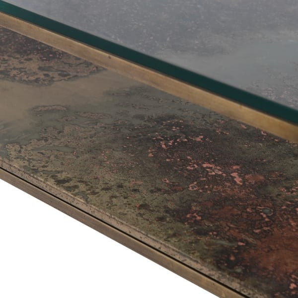 Stolik kawowy Belgrave Square 93 cm żelazna rama antyczne złoto półka