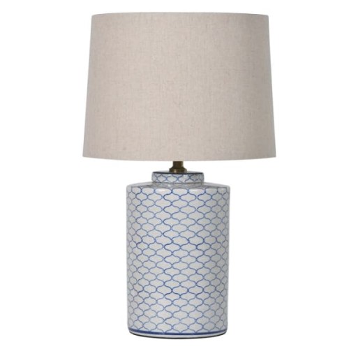 Lampa stołowa Whitley 66 cm niebiesko biała podstawa ceramiczna beżowy abażur 