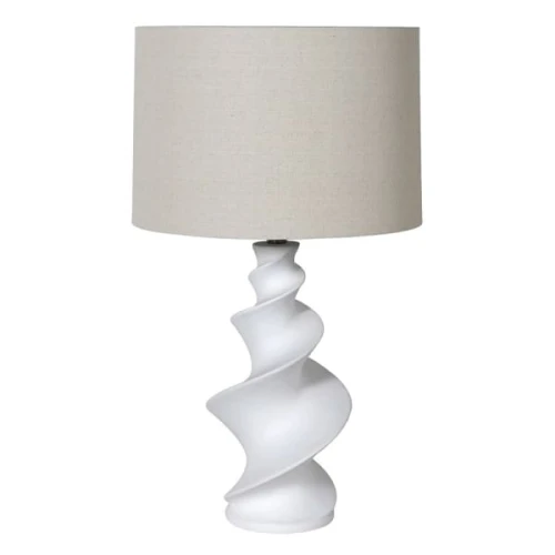 Lampa stołowa Swirl 68 cm – biała rzeźbiarska podstawa i beżowy lniany abażur