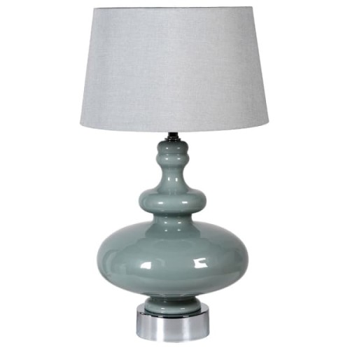 Lampa stołowa Aurora II 80 cm – błękitna szklana lampa z szarym lnianym abażurem